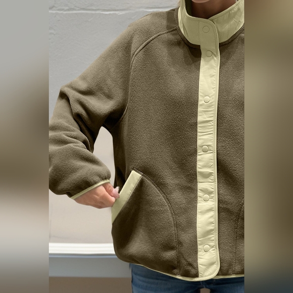 Double Take Snap Down Contrast Fleece Jacket with Pockets - Picture 2 of 6